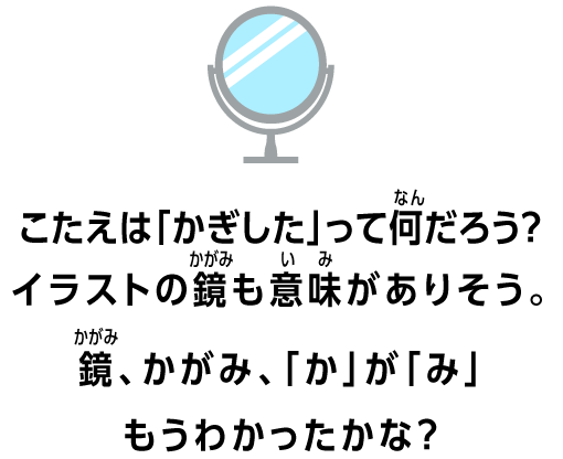 こたえは「かぎした」って何だろう？イラストの鏡も意味がありそう。鏡、かがみ、「か」が「み」もうわかったかな？